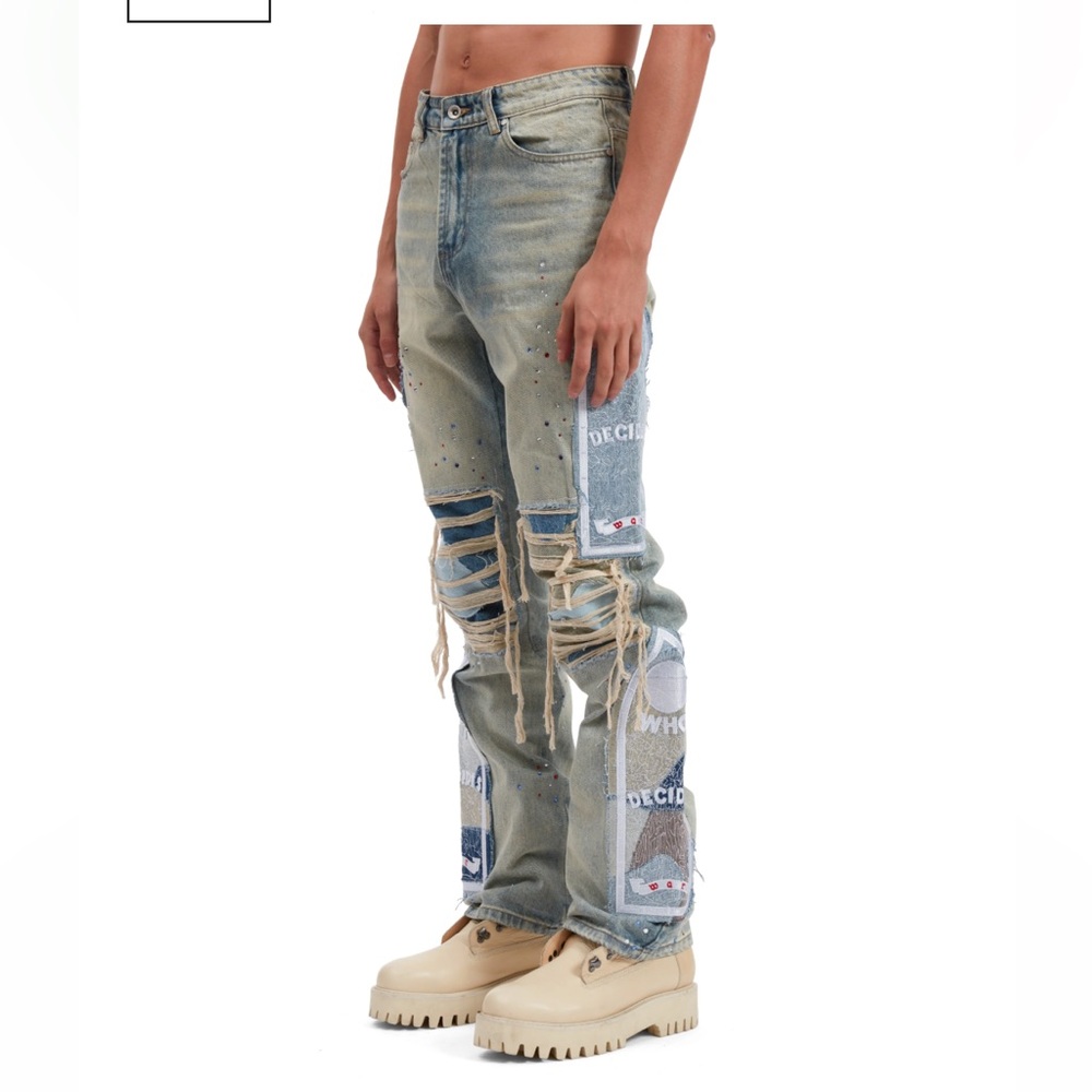 Who Decides War Distressed Blue and Gray Embroidered Men Jeans